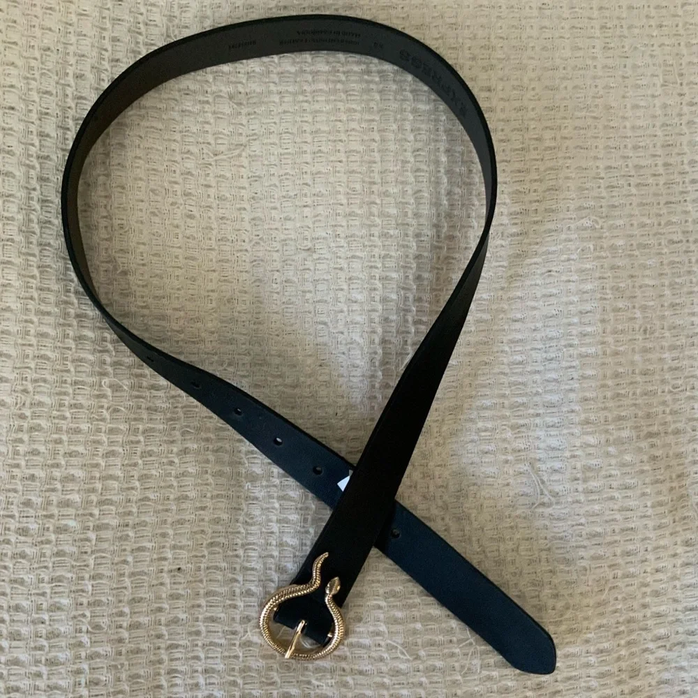 Express Black Leather Skinny Belt Gold Snake Buckle Women’s XS